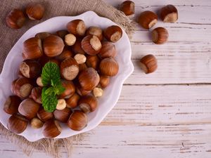 Hazelnut nuts in a plate on a white wooden background.Flet ley.