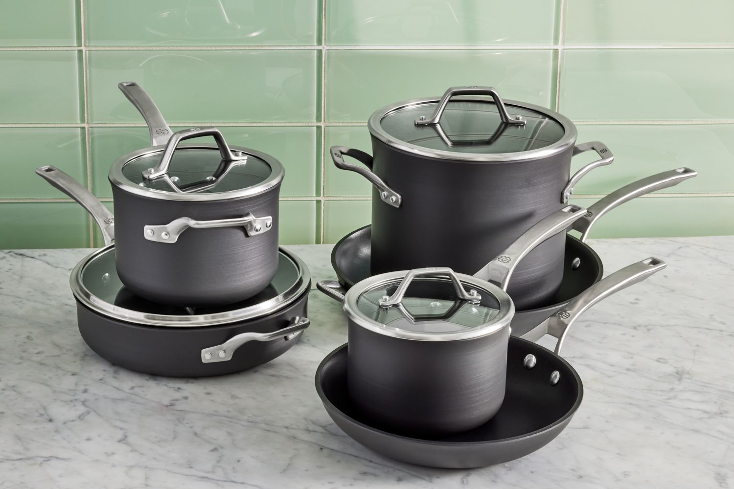 Calphalon Signature Nonstick 10-Piece Cookware Set displayed on a counter