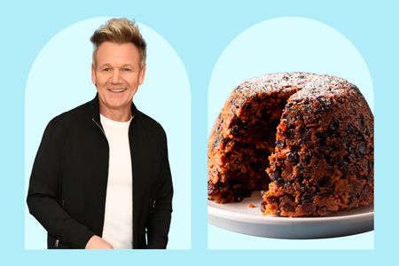 Gordon Ramsay in a black jacket and white t-shirt next to a photo of a steamed Christmas pudding