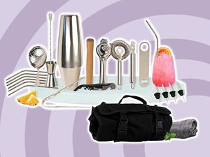 Pepe Nero 27-Piece Professional Bartender Kit and Cocktail Shaker displayed on a two toned purple striped background