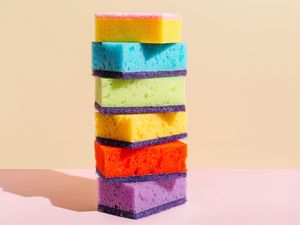 A stack of rainbow-colored sponges