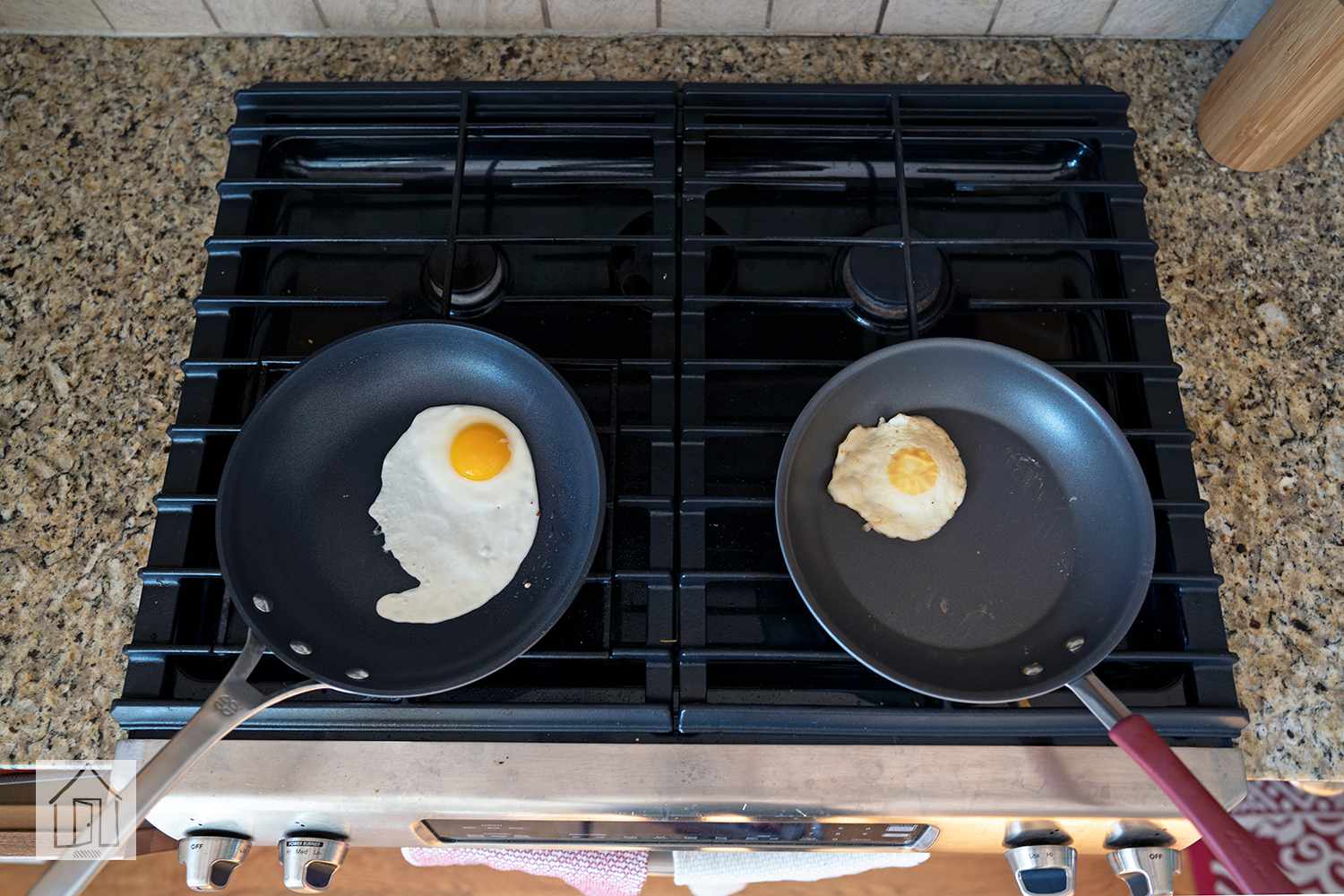 Calphalon Signature Hard Anodized Nonstick Cookware being used to prepare eggs in two different pans 