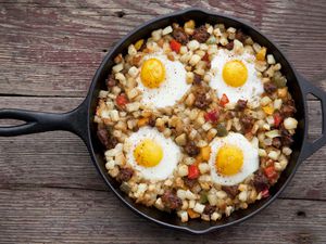 Beef hash topped with eggs