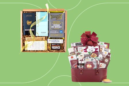 Gourmet gift baskets we recommend on a green background