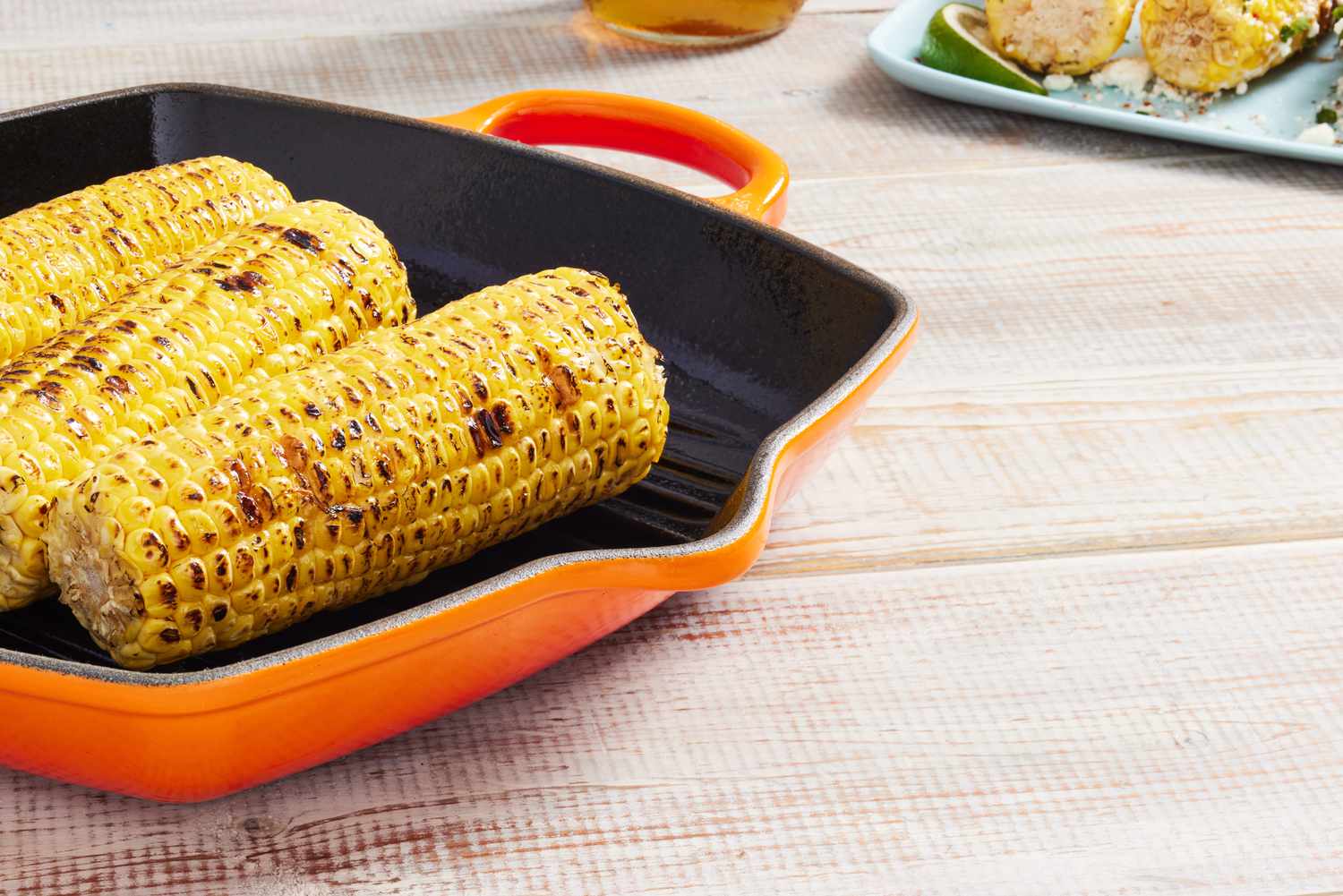 Close-up of grilled corn in the Le Creuset Square Skillet Grill Pan.