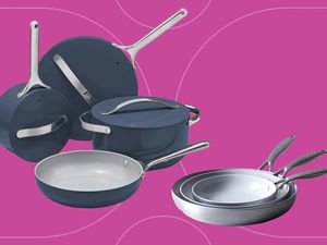 Non-stick cookware we recommend on a pink background