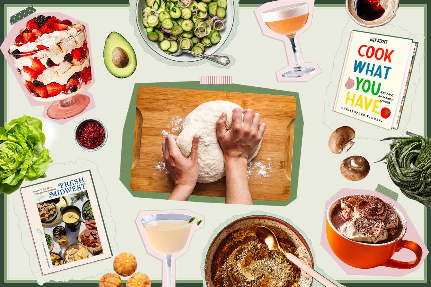 A collage of images that resembles a vision board, with cookbooks, cocktails, a trifle, cucumber salad, hot chocolate, and more