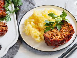 Onion soup meatloaf and mashed potatoes on a plate