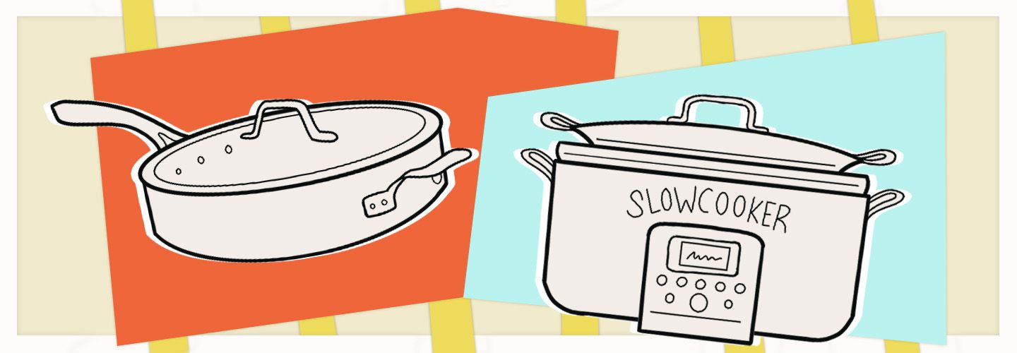 Slow cooker and frying pan on a colorful background