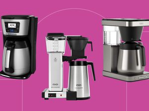 Thermal carafe coffee makers we recommend on a purple background