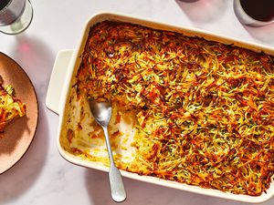 Kosher Vegetable Kugel for Passover in a baking dish 