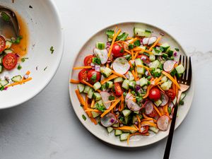 Kachumber salad recipe on a plate with a fork