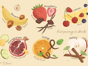 Illustration of fruit pairings for cocktail recipes: banana, strawberry, lemon, pomegranate, orange, and apple