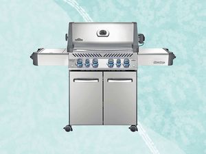 Napoleon Prestige 500 Propane Gas Grill on a blue background