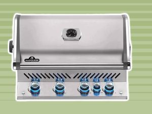 Napoleon Grills Built-in Prestige 500 with Infrared Rear Burner Natural Gas Grill collaged on a green background