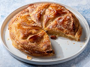 Traditional French Galette des Rois on a white plate