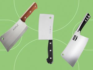 A selection of cleaver knives we recommend on a green background