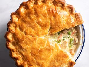 leftover turkey pot pie with a slice removed