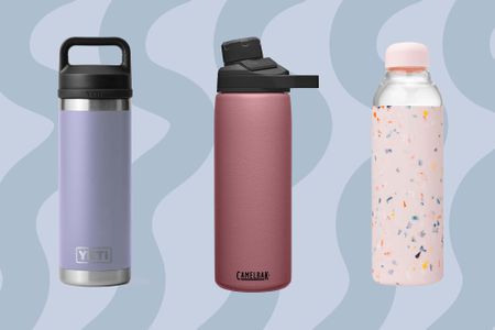 Best Dishwasher-Safe water bottles collaged against blue striped background