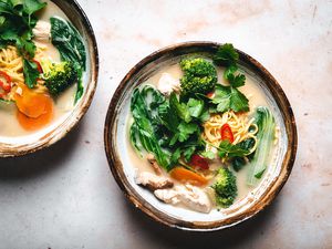Thai Chicken Noodle Soup With Lemongrass in bowls 