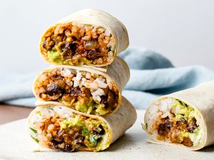 Vegetarian rice and beans cut in half and stacked on top of each other