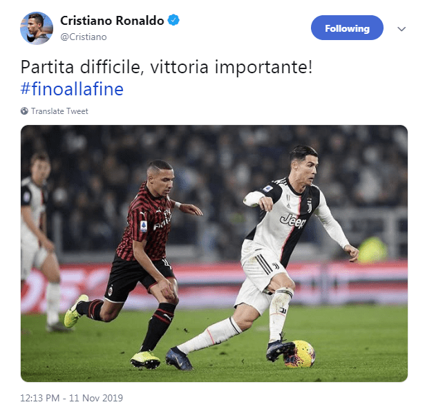  On Monday, Ronaldo tweeted: "Tough game, important win!"