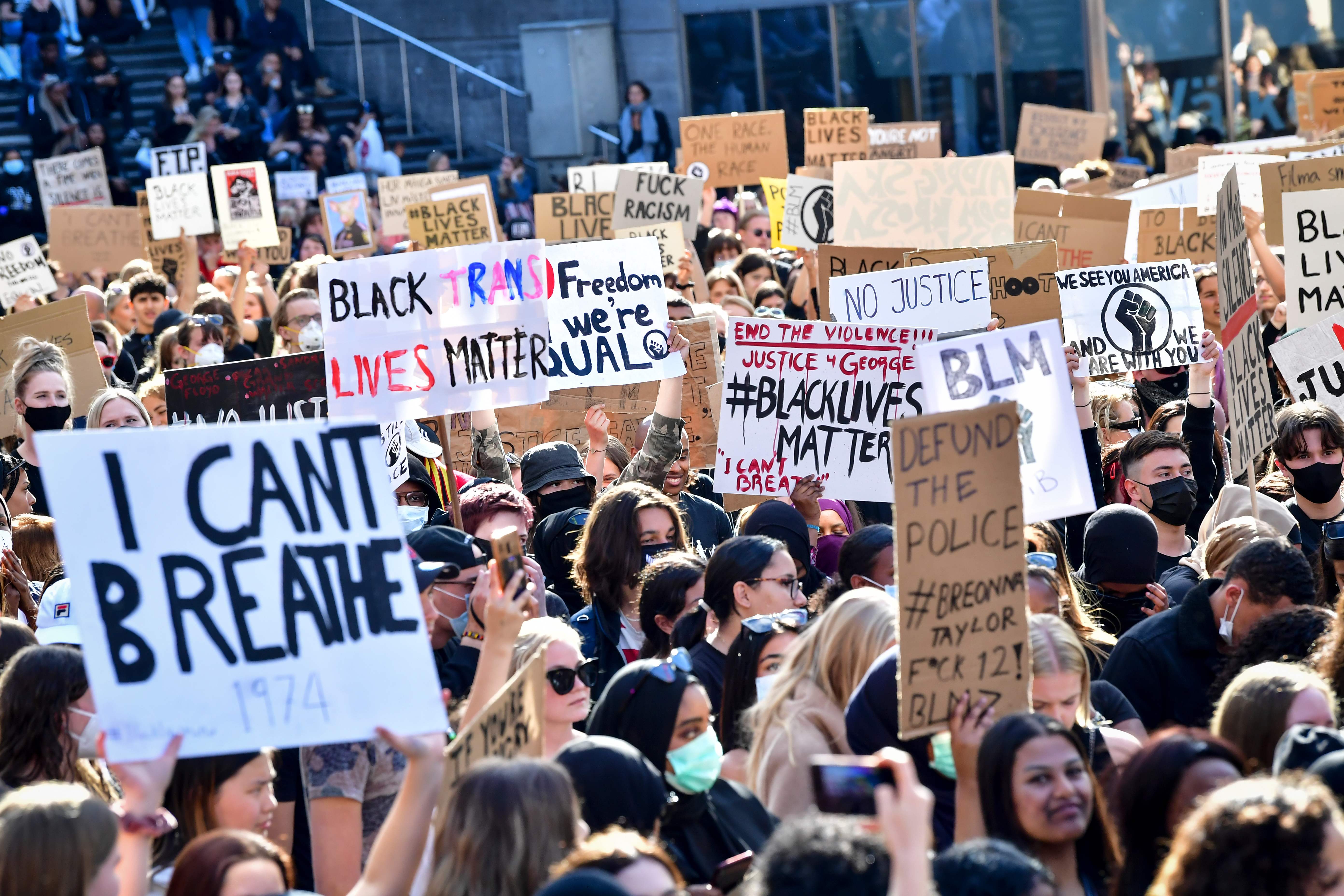  Participants hold placards during a protest in solidarity with the Black Lives Matter movement, in Stockholm, Sweden