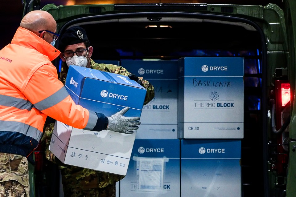 Doses for distribution in Italy at the Mario De Bernardi military airport in Pratica di Mare, near Rome