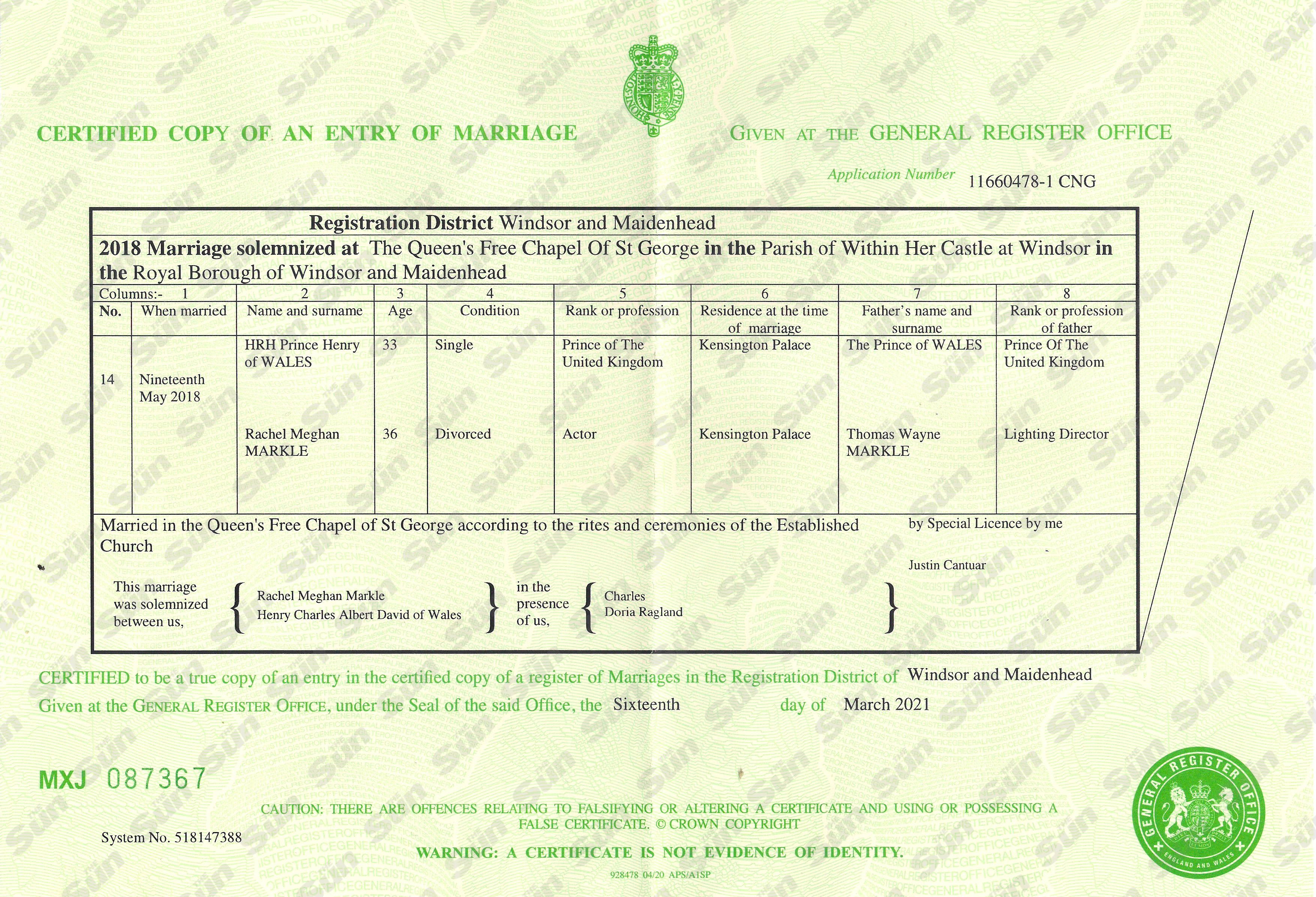 The couple's wedding certificate confirms the formalities DID take place on May 19, 2018 at Windsor Castle