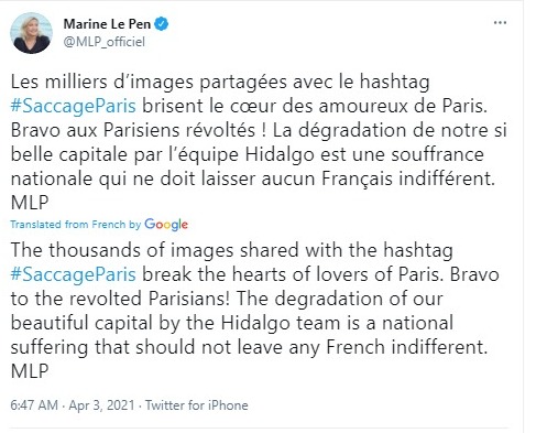 Marine Le Pen was quick to condemn Ms Hidalgo online