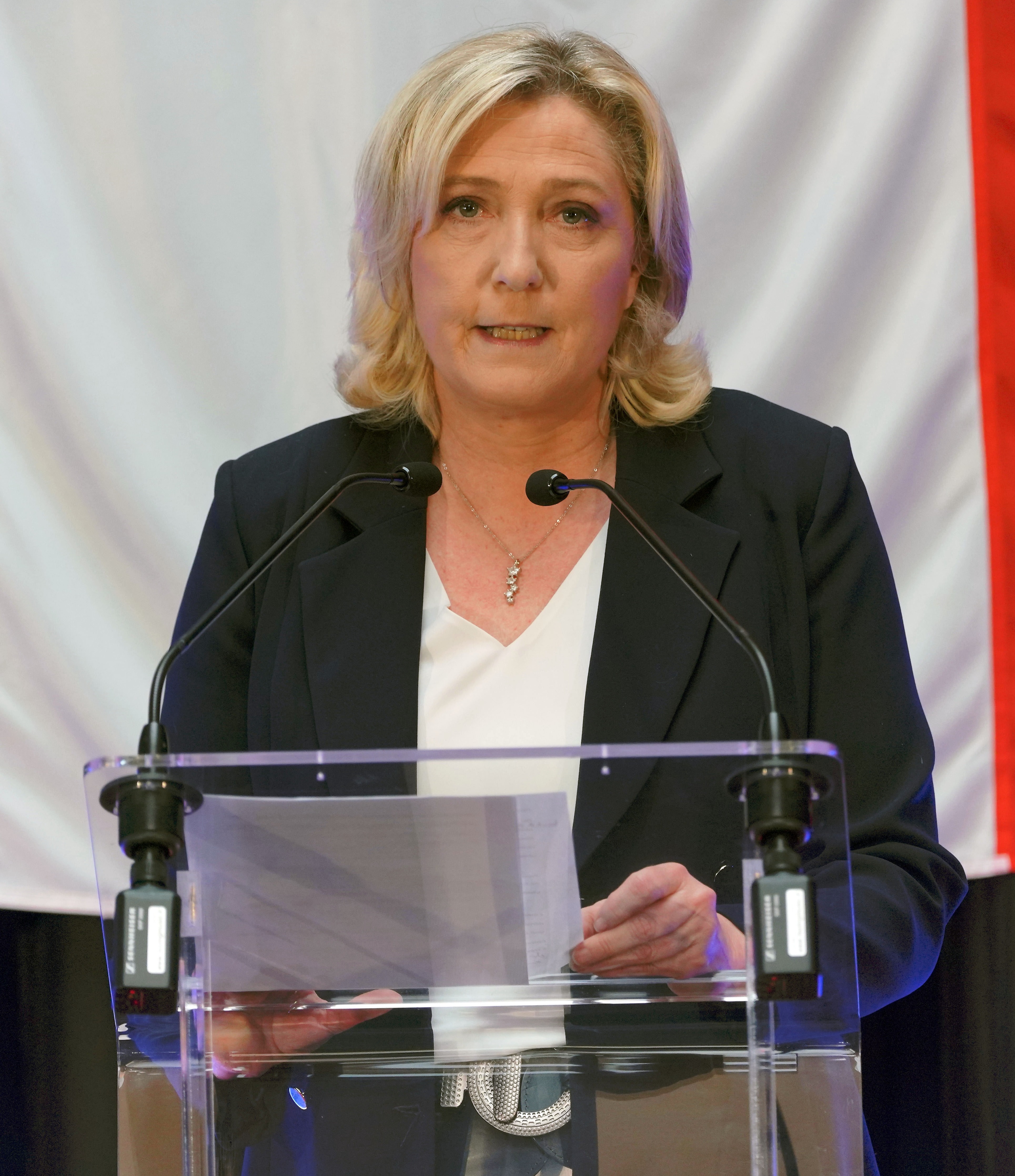 National Rally leader Marine Le Pen delivering a speech during election night