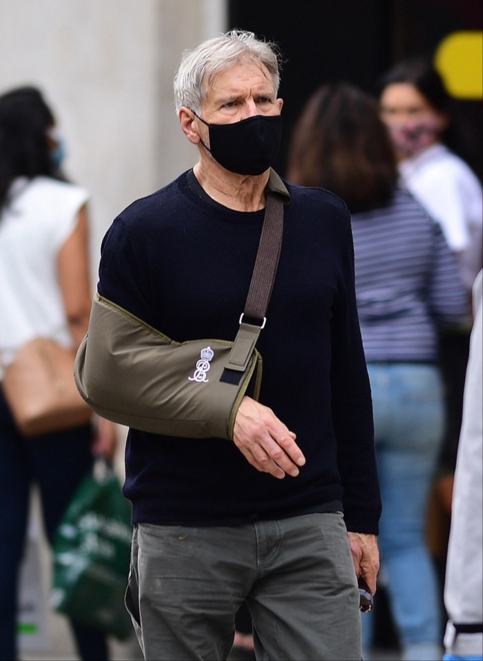 Harrison was seen out and about wearing a sling