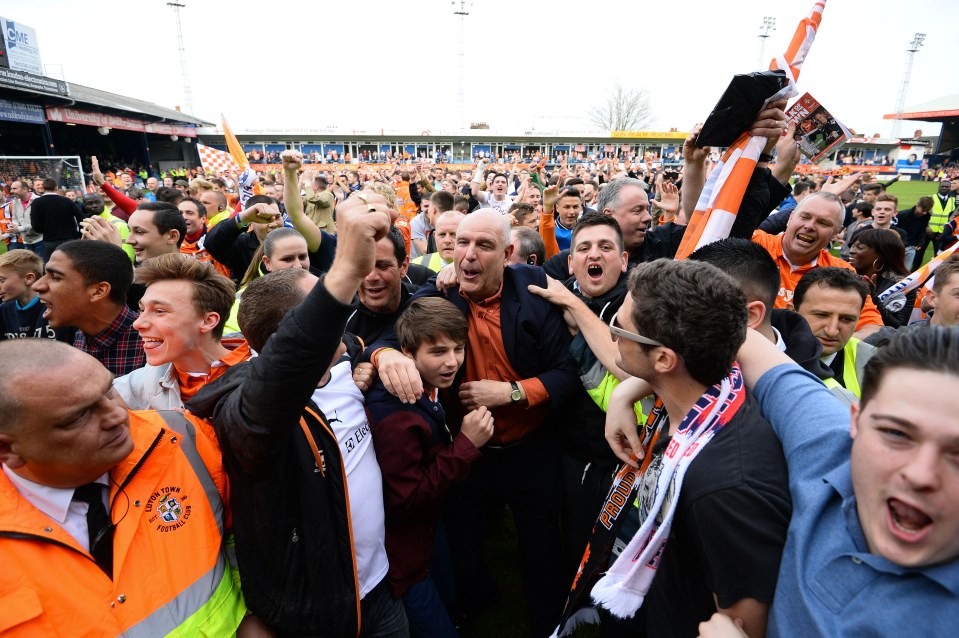 John Still is surrounded by jubilant Hatters fans after their promotion in 2014