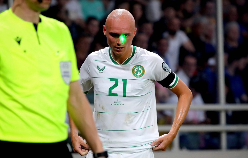 Ireland’s William Smallbone has a laser shone in his eye