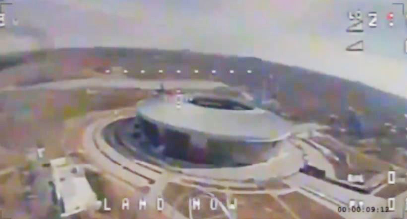 A Ukrainian UAV soared high above the ruins of the long abandoned stadium