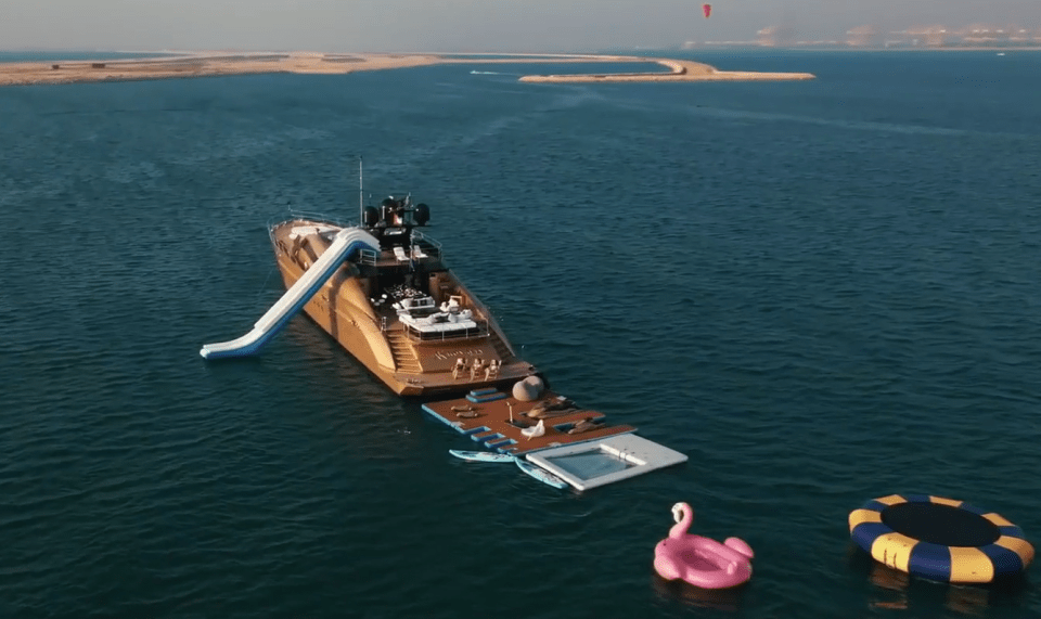 The yacht sports a water slide, a trampoline and jelly-fish free pool