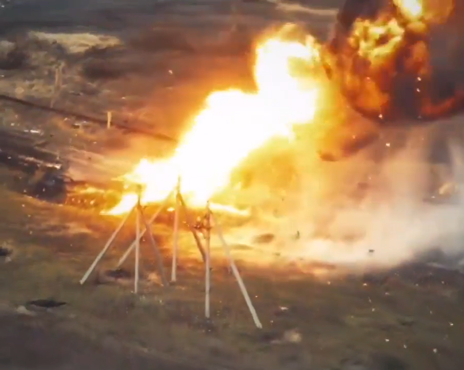 The suicide UAV detonates as it smashes into the £1million Russian T-72 tank and tears it apart