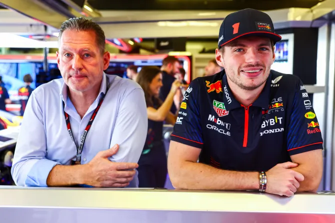 Max Verstappen, right, has sided with his dad Jos, left, in Red Bull's bitter row