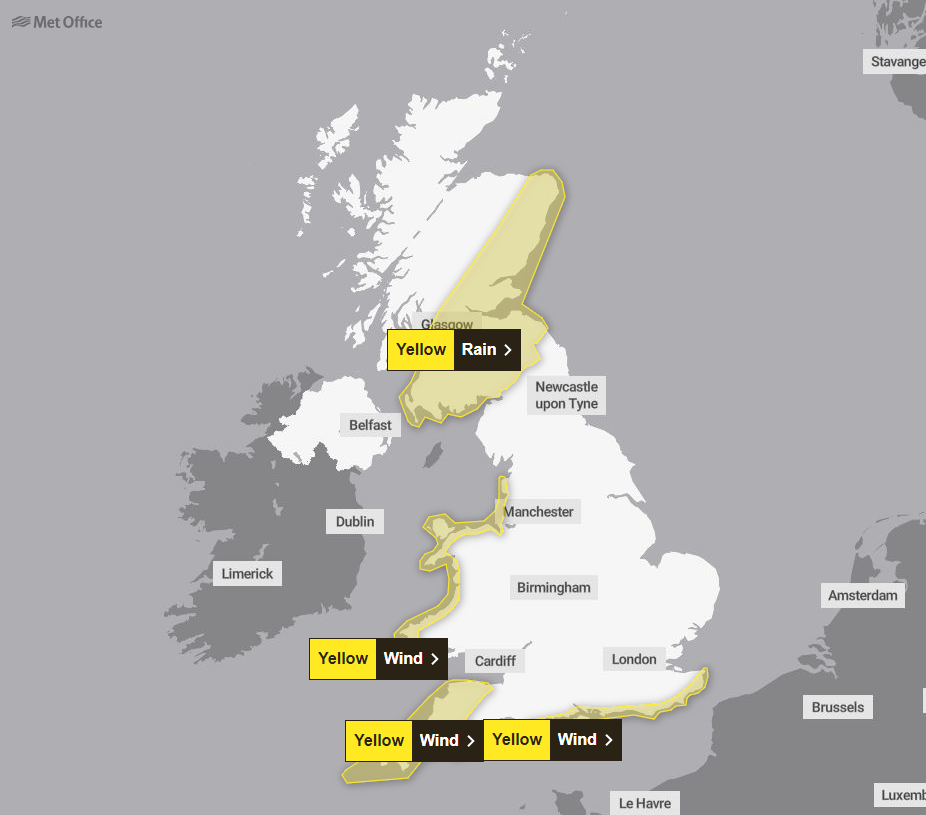 The yellow warnings the Met Office has in place for Tuesday