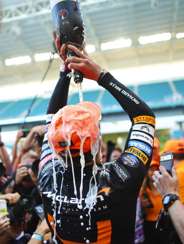 Norris celebrates after winning the Miami Grand Prix on Sunday