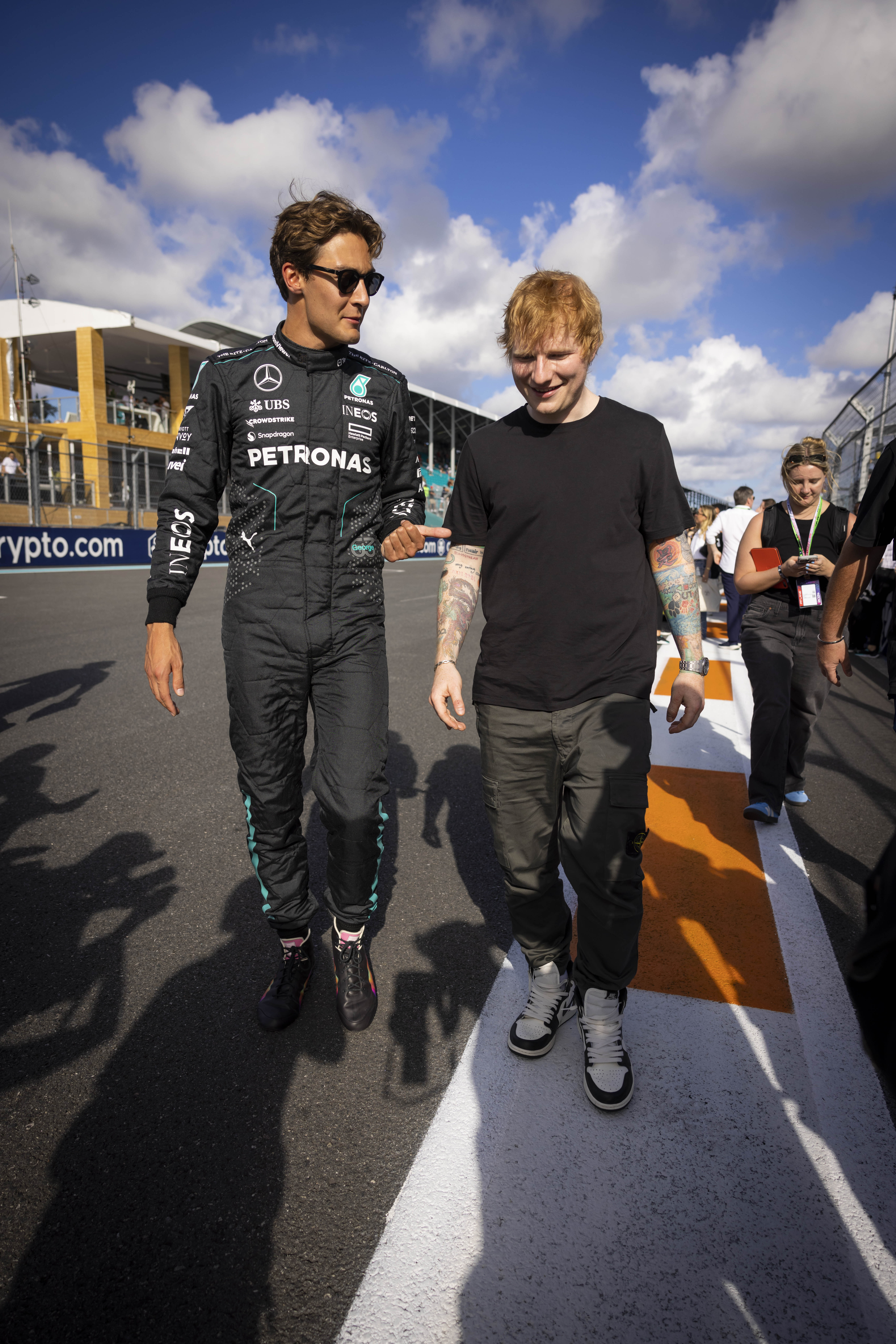 F1 star George Russell drove a hot lap around Miami's track with Ed Sheeran