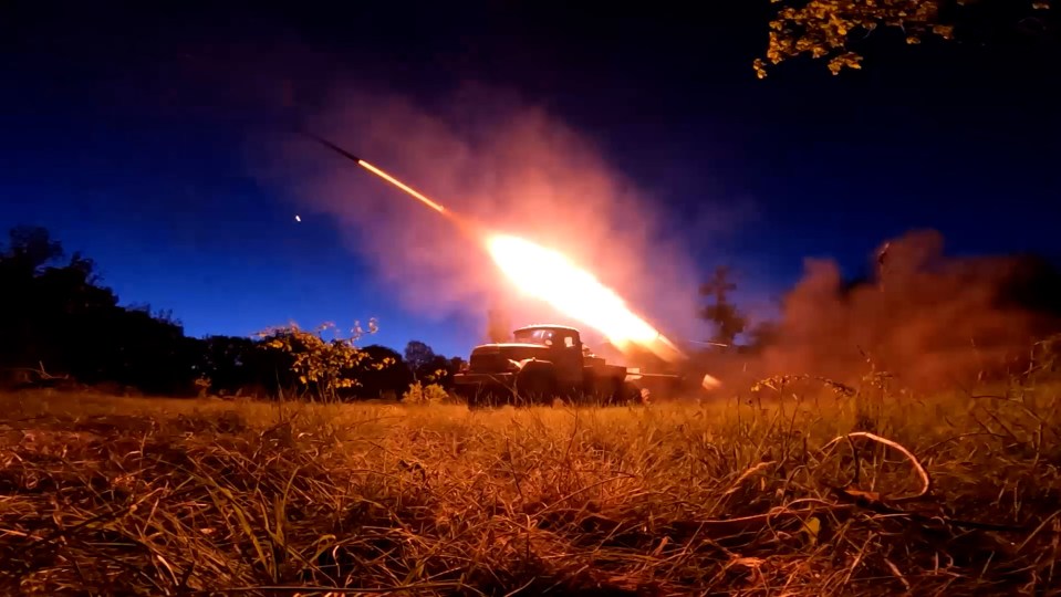 Russia's BM-21 Grad multiple launch rocket system fires at Ukrainian military positions near Seversk