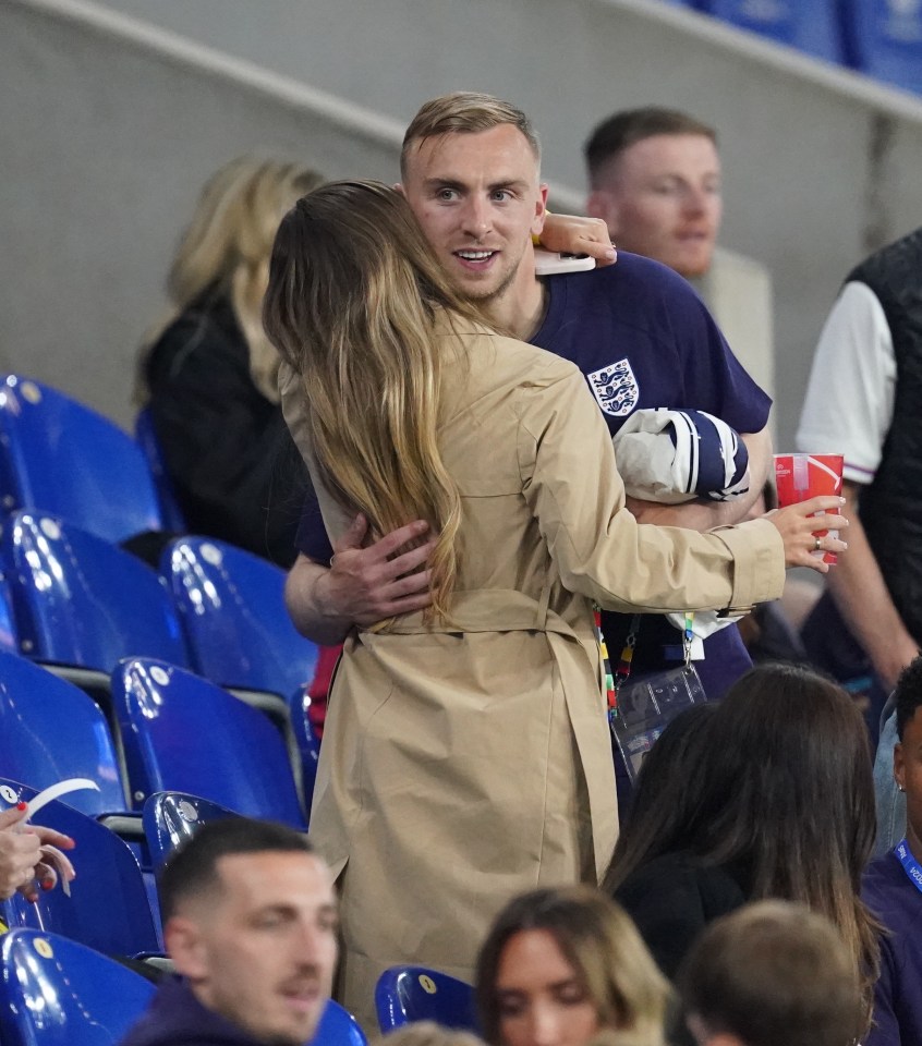 Jarrod Bowen hugs partner Dani Dyer in the stands