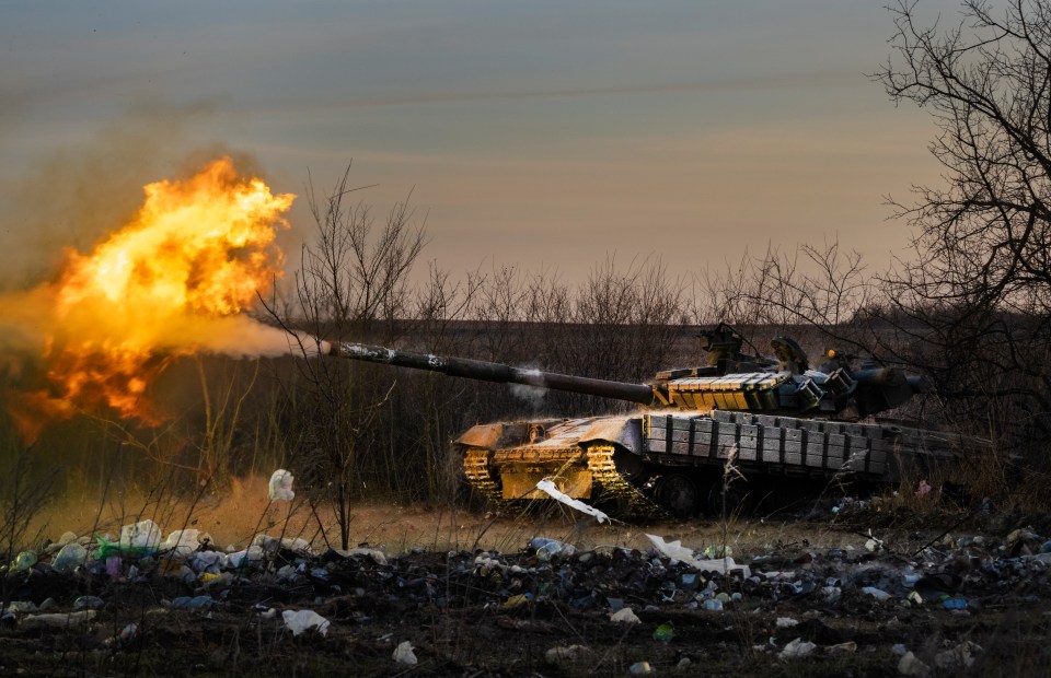 A Ukrainian tank fires at Russian positions in Chasiv Yar in the Donetsk region of Ukraine