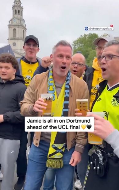 Jamie Carragher was back on the beers with Borussia Dortmund fans