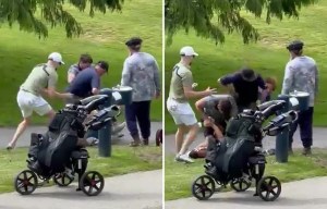 Moment fight erupts on golf course after players 'hit balls' at other group