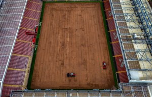 An aerial view of Anfield Stadium where the pitch is being replaced. After concerts from Taylor Swift and Pink! Liverpool Football Club can now start to relay the pitch ahead of the new season with a new manager in Arne Slot. Picture date: Wednesday July 3, 2024. PA Photo. Photo credit should read: Peter Byrne/PA Wire