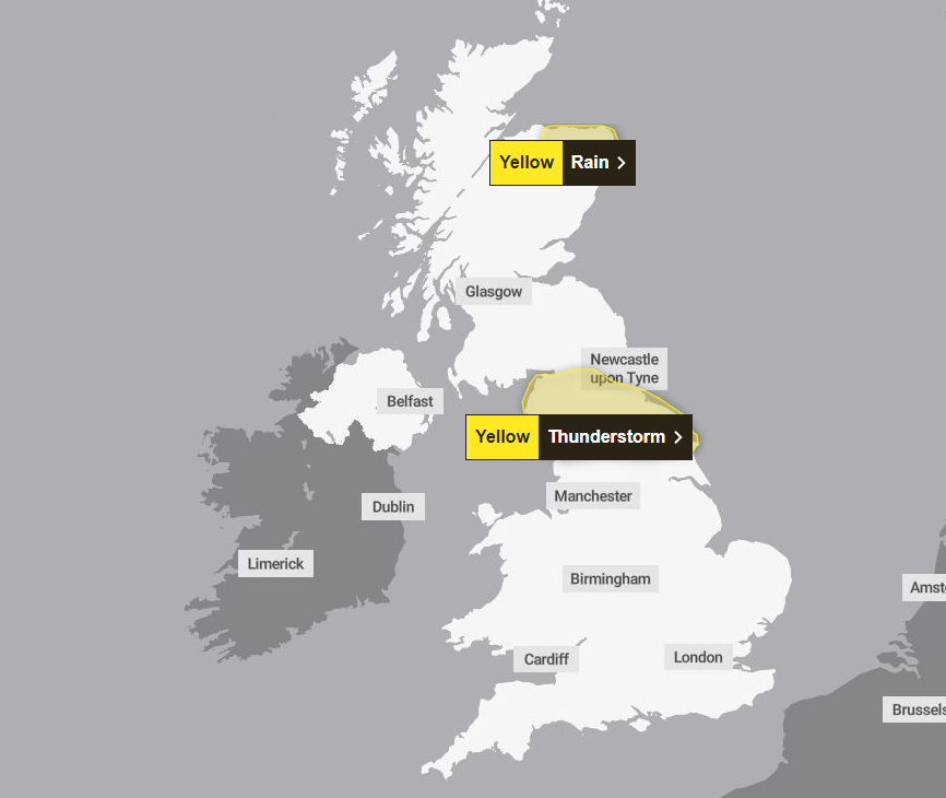 The Met Office has issued two yellow warnings