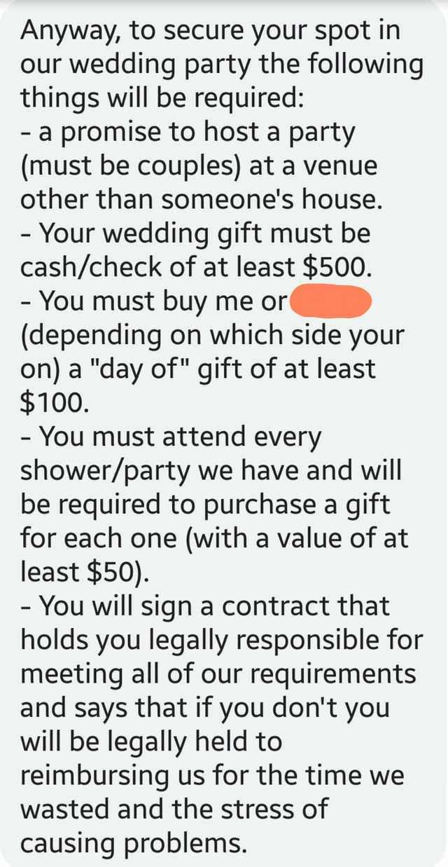 The bride's texts included buying multiple expensive gifts