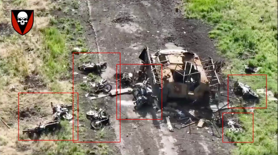 The barbaric scenes unfolded in Vuhledar in images which show several motorbikes deployed in the warzone